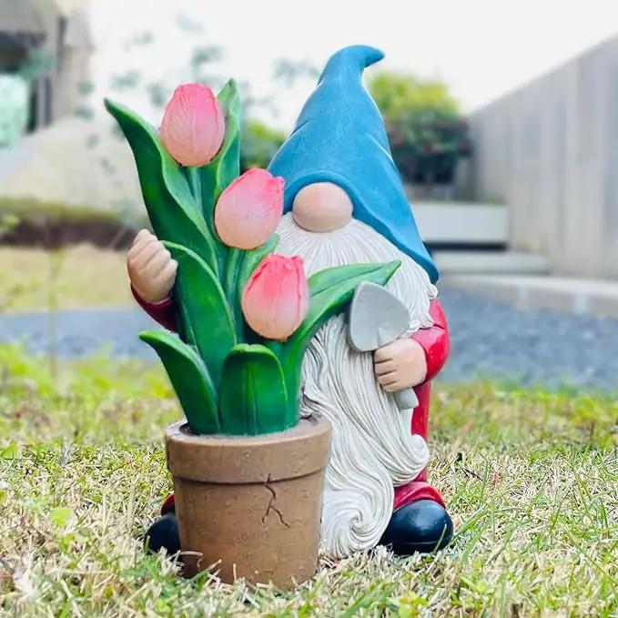 Garden Gnome Statue, Sculpture of a Dwarf Holding a Shovel and a Flower Pot, Solar Gnome Statues Outdoor Decor, Outside Lawn Patio Yard Ornament Gifts by GreenHaven Gardens