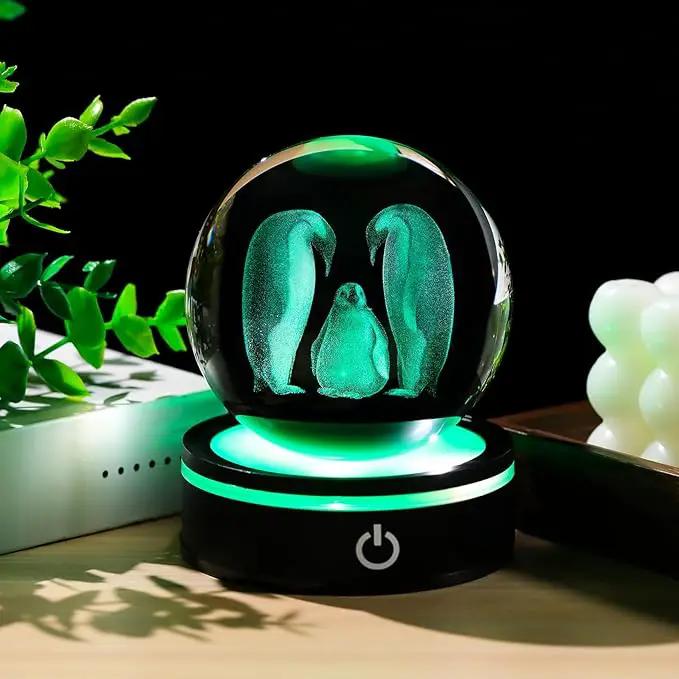 YWHL 3D Crystal Ball Penguin Figurine with LED Base Laser Penguins Gifts for Women Men on Christmas Birthday Decorative Penguin Statue Ball Glass Animals Globe Night Light for Home Decor (80mm) by GreenHaven Gardens