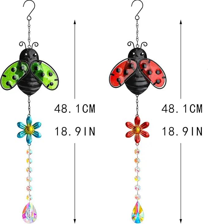 19'' Crystal Garden Suncatcher Decor Set 2 Stained Glass Metal Ladybugs Window Hanging Crystal Prisms Suncatcher for Outdoors Rainbow Maker (Red & Green) by GreenHaven Gardens