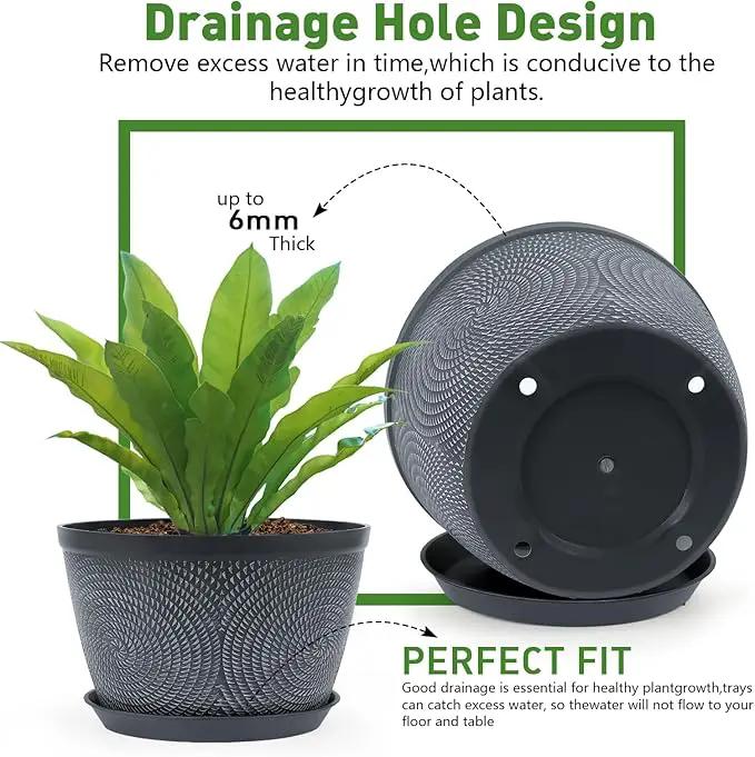 Quarut 10 Inch Flower Pots Planters for Outdoor Indoor, 3 Pack Plastic Plant Pots with Drainage Hole & Tray, Modern Decorative Garden Pot with Saucer, planters for House (Gray) by GreenHaven Gardens