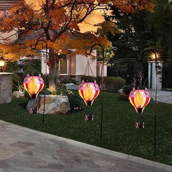Hot Air Balloon Outdoor Lantern with Flickering Flame, Handmade Glass Solar Lantern with Flag Pattern Waterproof Lantern Lamp for Patio, Garden, Porch by GreenHaven Gardens