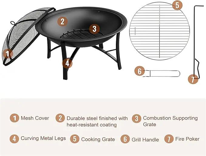 Fire Beauty Fire Pit for Outside Wood Burning,BBQ Grill Steel Fire Bowl with Cooking Grate,Spark Screen Cover,Log Grate,Poker for Camping Beach Bonfire Picnic Backyard Garden by GreenHaven Gardens