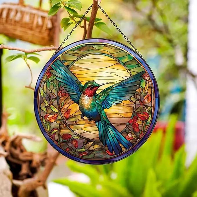 Hummingbirds Pattern Stained Glass Suncatchers for Windows,Hanging Stained Glass Suncatcher,20cm/7.87inch Hand-Painted Sun Catcher Garden Hangings Painted Glass Panel Decor Themed Gift by GreenHaven Gardens