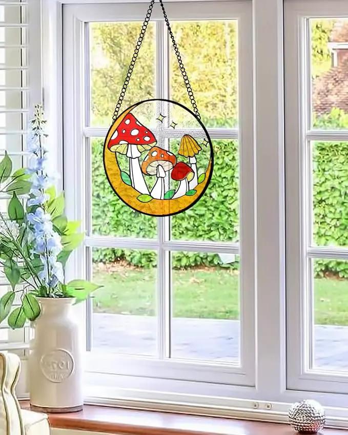 Tuitessine Mushroom Stained Glass Suncatcher Moon Toadstools Window Wall Hanging Ornament Hand-Painted Glass Panel Decor for Home Gift for Nature Plant Mushroom Lovers 6.3"*6.3" by GreenHaven Gardens