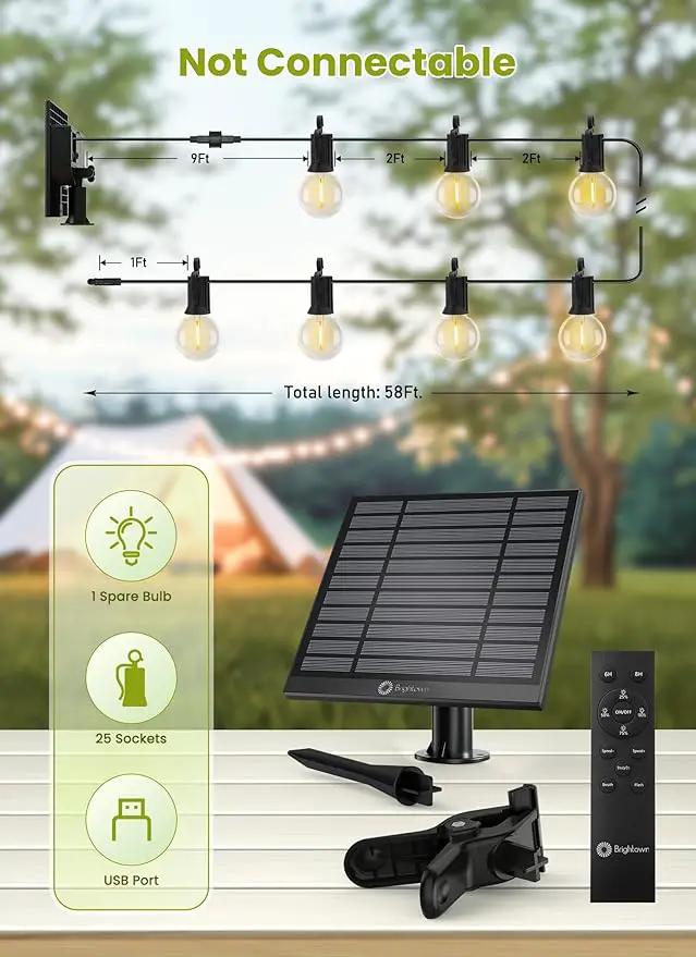 Brightown 58FT Solar String Lights Outdoor with Remote Cable Ties and Hooks, Commercial Grade Patio Lights with 26 LED Shatterproof Bulbs, 3 Light Modes Hanging Light for Backyard Party Decor by GreenHaven Gardens