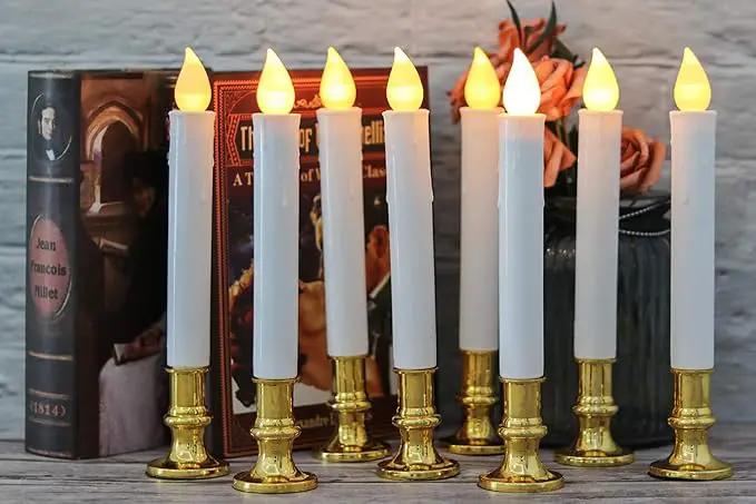 DRomance 9" Flameless Window Taper Candles Battery Operated with 8-Key Remote and Timer, 8 Pack White Christmas Holdiay Window Candles with Gold Holders, Suction Cups and AA Batteries Included by GreenHaven Gardens