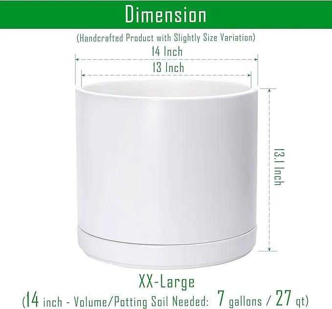 D'vine Dev 14 Inch Ceramic Planter Pot with Drainage Hole and Saucer, Indoor Cylinder Round Planter Pot, White, 94-O-G-1 by GreenHaven Gardens