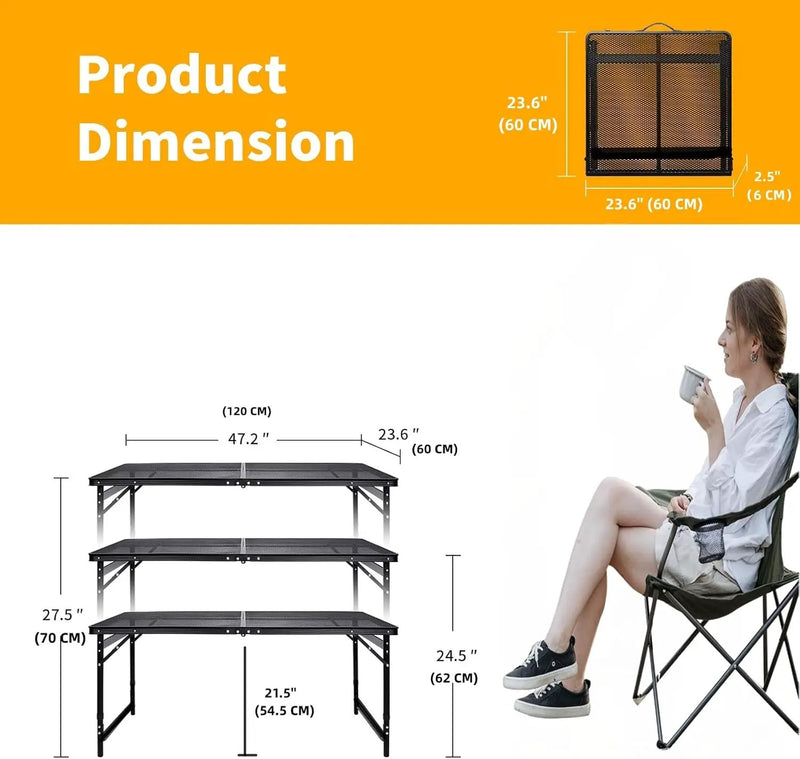 Camping Table 4FT Grill Table Foldable Folding Picnic Portable Stand Mesh 3 Height Adjustable Outdoor Card BBQ RV Black 47.2×23.6 inch by GreenHaven Gardens