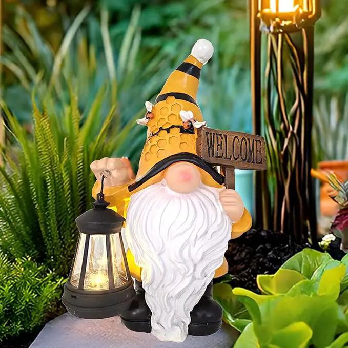 Gnome Garden Statues with Solar Lights Outdoor Gnomes Sculpture Yard Patio Decor for Lawn Ornaments Gardening Gifts（Bee Gnome by GreenHaven Gardens