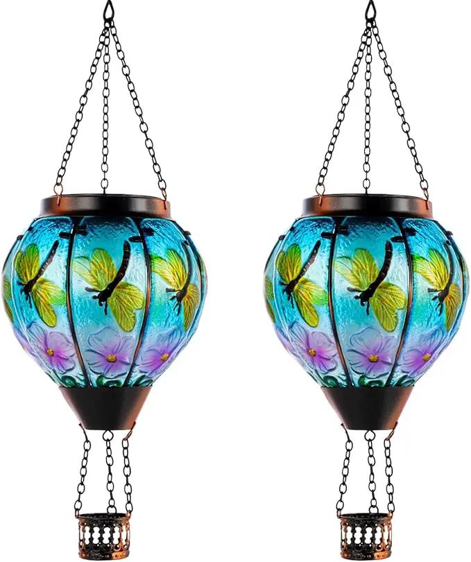 2 Pack Dragonfly Hot Air Balloon Solar Lantern Outdoor Waterproof, Glass Balloon Lanterns for Outside, Decorative Hanging Solar Lights Patio Garden Yard Gift for Women Moms by GreenHaven Gardens