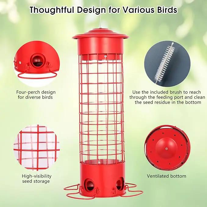 Squirrel Proof Bird Feeder for Outdoors, Weatherproof Metal Feeder, 4.5 lb Large Capacity, Weight-Activated Perches, Hanging Feeder for Cardinals, Finches, Wild Birds, Red by GreenHaven Gardens