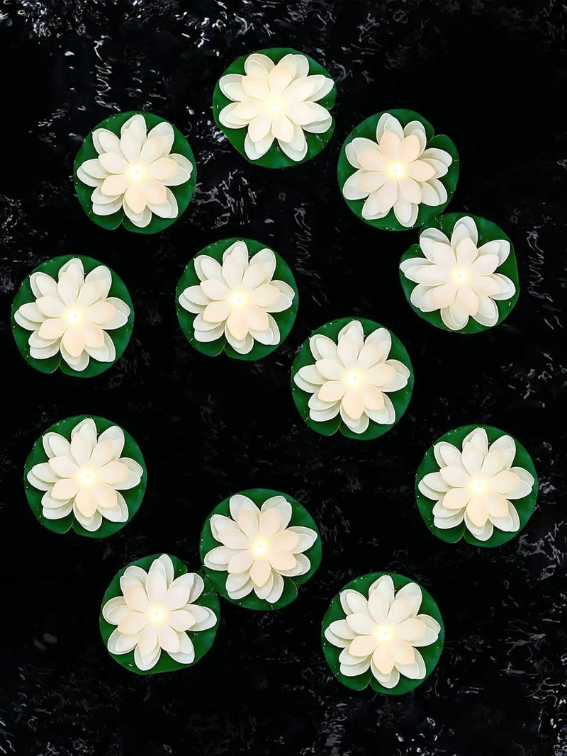Hortsun 12 Pcs Floating Lotus Lights with Batteries Lily Pads Pool Flowers Diwali Pooja Decorations Floating Candles Decor for Pool Pond Outdoor Indoor(3.94 Inch,White) by GreenHaven Gardens