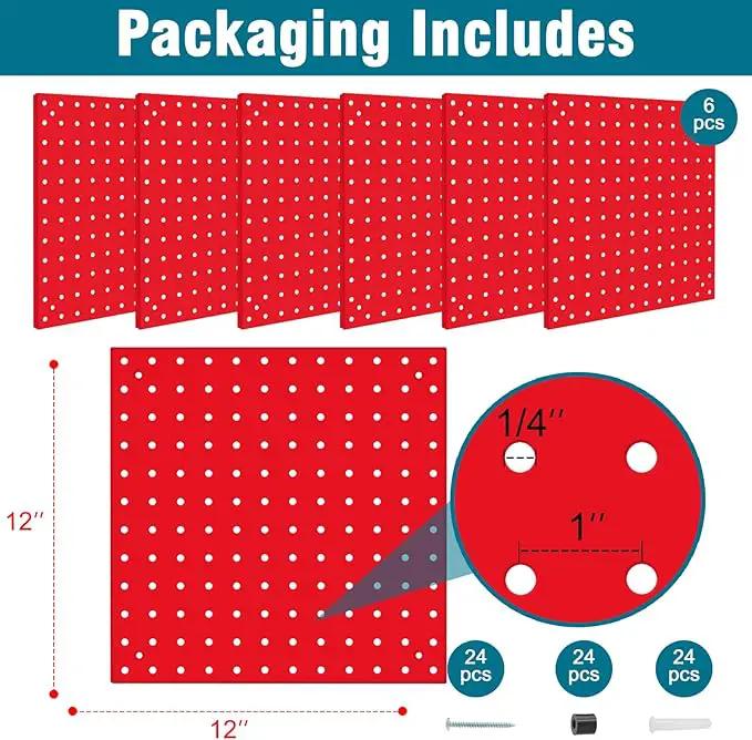 6 Pack Steel Peg Board,Universal 1/8 and 1/4 Pegboard Accessories,Ideal for Garage Tool Storage, Office Organization, Craft Room, Kitchen etc. (Red, 6-12X12) by GreenHaven Gardens
