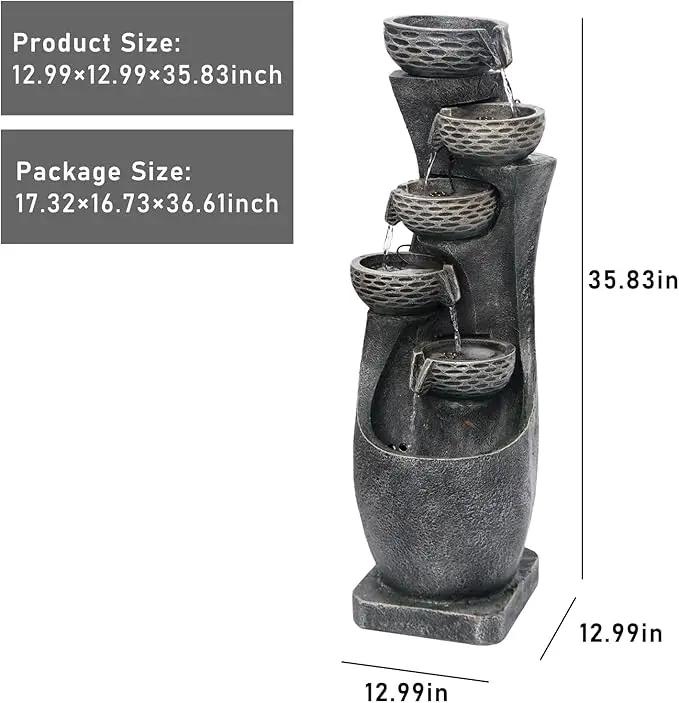 35.83''H Indoor Outdoor Modern Water Fountain 6-Tiers Garden Cascading Fountains Curve Shape Floor Standing Waterfall Water Feature with LED Light for Yard Deck Patio Home Art Decor by GreenHaven Gardens