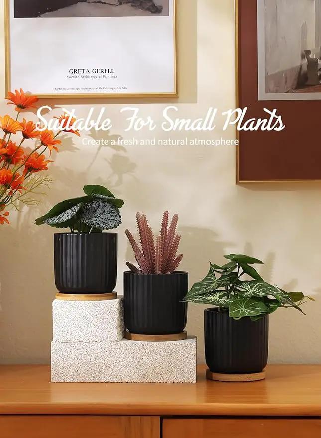 TAMAYKIM 4 Inch Small Cylinder Ceramic Plant Pots with Drainage Holes, Modern Indoor Planters with Tray for Aloe, Succulent, Snake Plants, Cactus & Herbs, Black, Set of 4 by GreenHaven Gardens