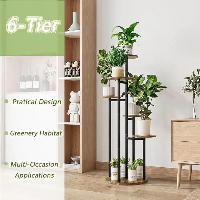 Plant Stand Indoor 6 Tier 9 Potted Multiple Flower Pot Holder for Patio Garden Balcony Living Room Corner (6 Tier Black+Rustic Brown) by GreenHaven Gardens