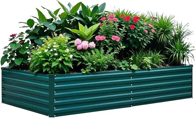 Raised Garden Bed 8×4×1.5FT, Galvanized Raised Garden Beds Outdoor for Vegetables Flowers Herbs, Steel Large Deep Root Planter Box, Tall Raised Garden Bed Kit with 3ftx30ft Weed Barrier Fabric, Green by GreenHaven Gardens