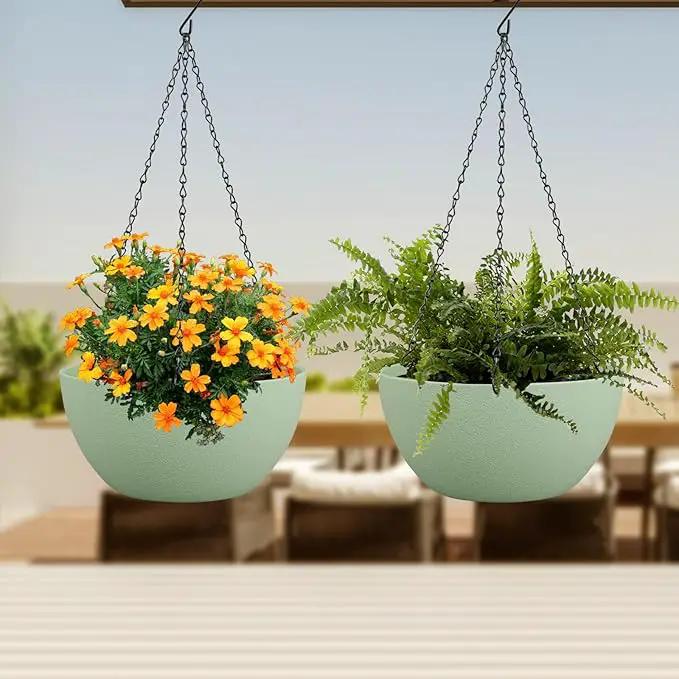 10 inch Hanging Planters Plant Pots for Indoor Outdoor Plants, 2 Pack Hanging Flower Pots with Drainage Holes and Chain for Garden Porch, Plastic Hanging Baskets for House Plants, Green by GreenHaven Gardens