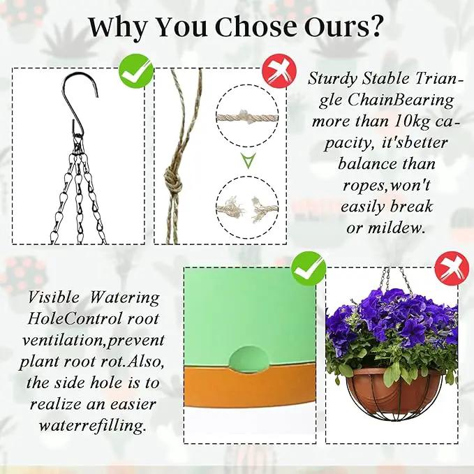 Bevgems 3 Pack 8.26 Inch Hanging Planters, Plastic Self-Watering Hanging Flower Plant Pot, Decorative Flower Pot Holder with Drainage Holes & Removable Tray for Indoor Outdoor Plants,Flowers, Herbs by GreenHaven Gardens