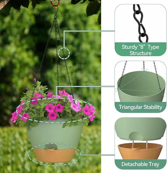 ZMTECH 12 Inch Hanging Planters for Indoor Outdoor Plants, 1 Pack Self Watering Hanging Plant Pots with Drainage Holes and Removable Saucer, Plastic Flower Hanging Pots with Watering Lip (Green) by GreenHaven Gardens