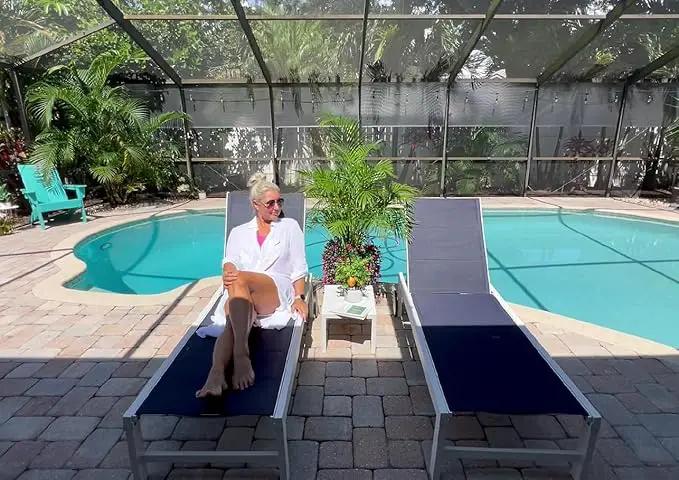 PURPLE LEAF Outdoor Chaise Lounge Staight Legs Adjustable Sunbathing Recliner with Side Table Navy Blue 2 Sets by GreenHaven Gardens