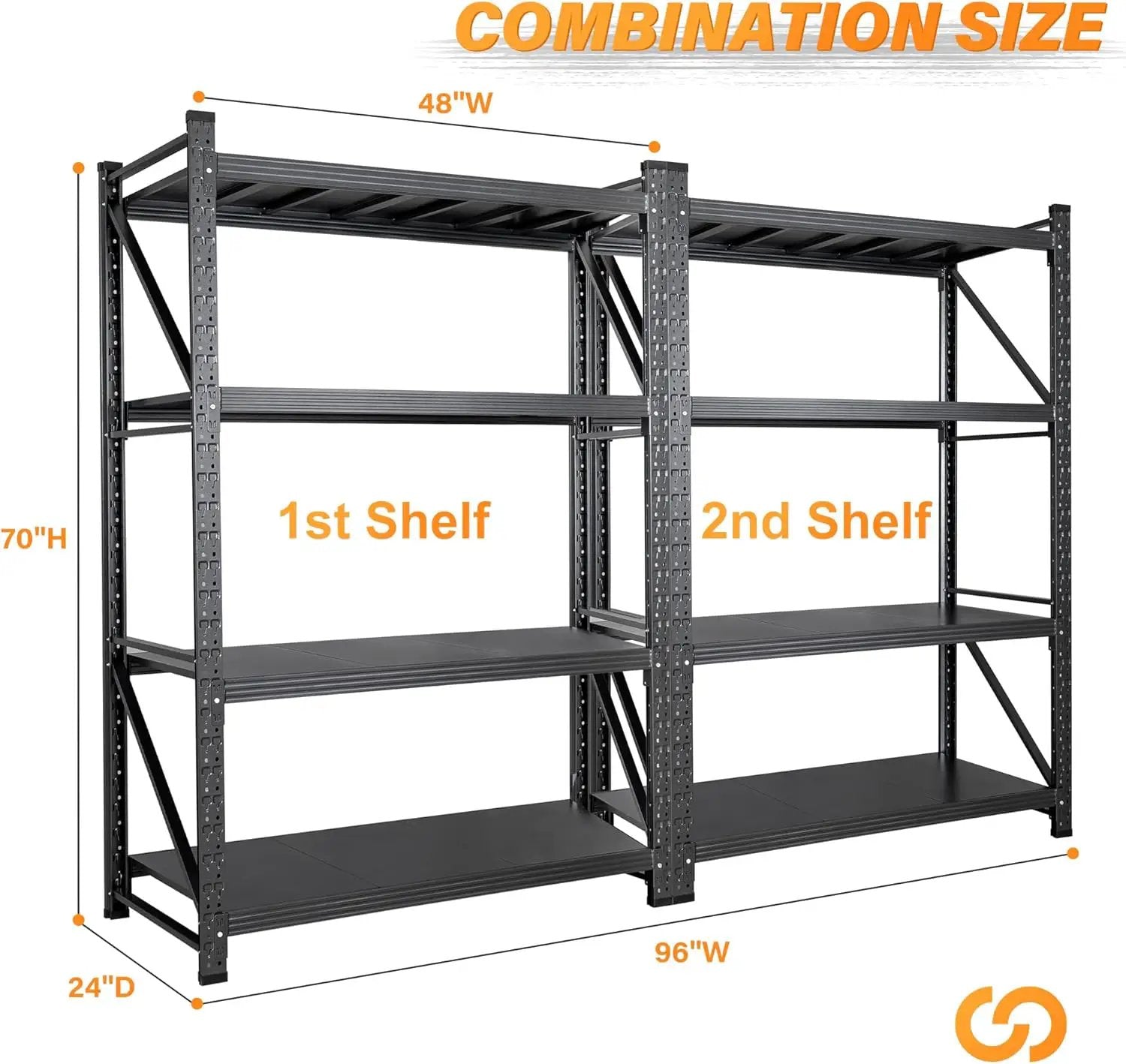 Set of 2 Storage Shelves, 4 Tier Heavy Duty Garage Shelving Units, 48” Wide Rack Shelf, 3000LBS Steel Industrial Shelving, 24” Deep Adjustable Standing Shelf for Warehouse 24" D x 48" W x 70" H Black by GreenHaven Gardens