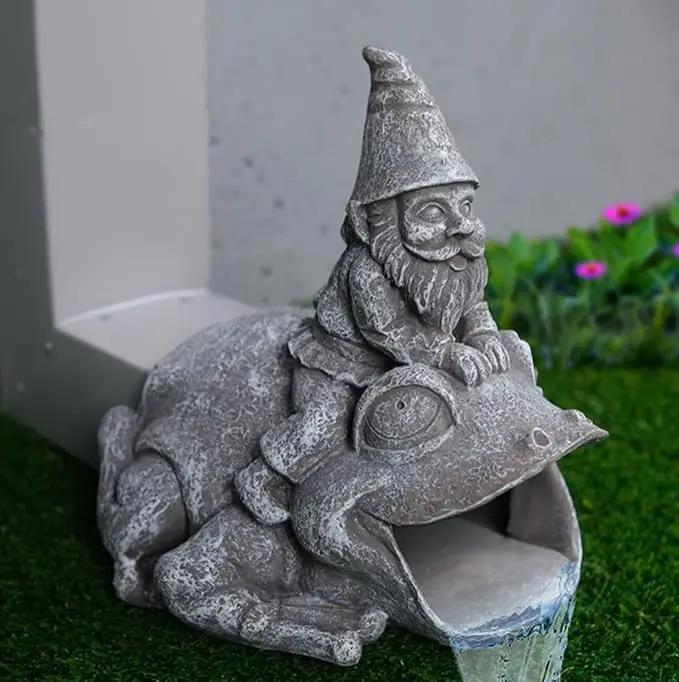 Gutter Downspout Extension - Downspout Splash Block - Downspout Diverter Garden Statue (Gutter in The Form of Funny Gnome on a Frog) by GreenHaven Gardens