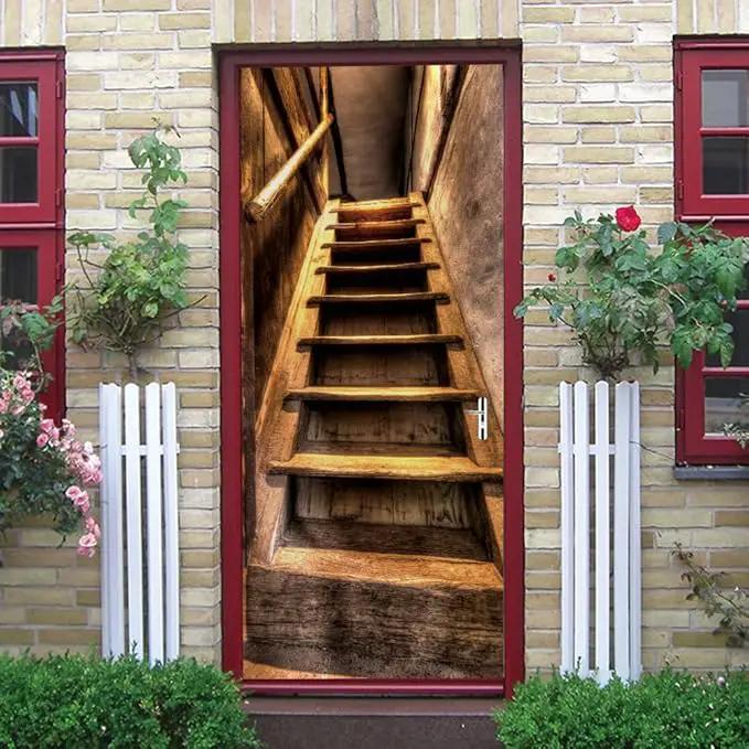 3D Door Stickers Murals Peel and Stick - Wooden Stairs - Door Wallpaper Self-Adhesive Door Decals Removable PVC Waterproof Door Poster for Bedroom Living Room Door 37.4" x 82.7" by GreenHaven Gardens
