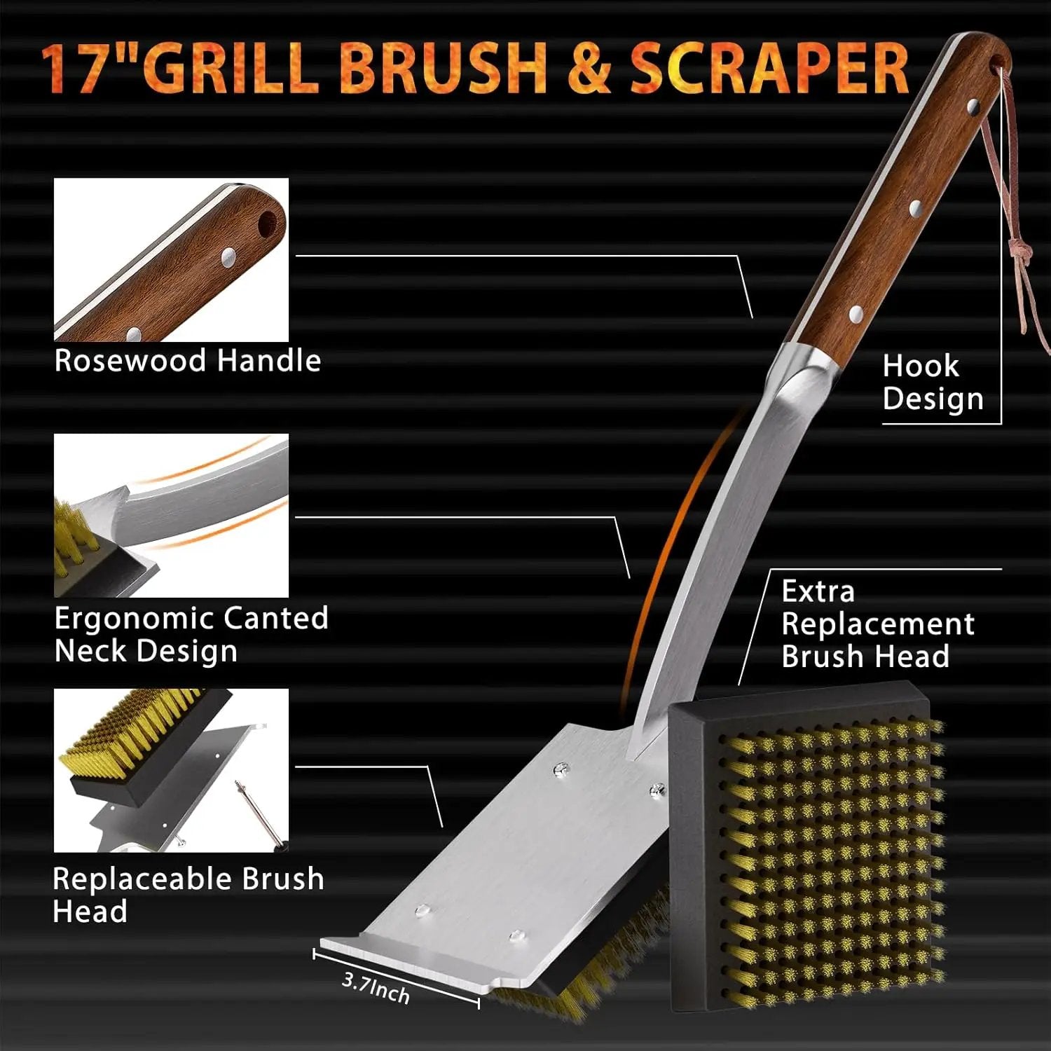 ENLOY Grill Brush and Scraper for Barbecue, 17" Grill Brush for Outdoor Grill, Extended Rosewood Handle and 2 Replaceable Copper Wire Brush Heads, Grill Cleaning Brush Grill Accessories for Most Grill by GreenHaven Gardens