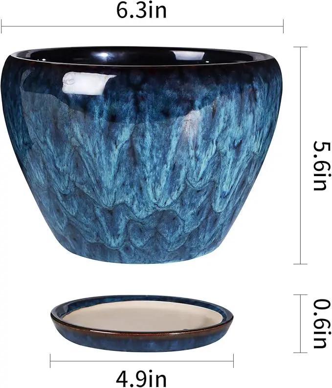 Ceramic Modern Glaze Succulent Planter Pot with Drainage Hole and Saucer 6 Inch Round Flower Plant Pot for Indoor Outdoor Herb Snake Plants by GreenHaven Gardens
