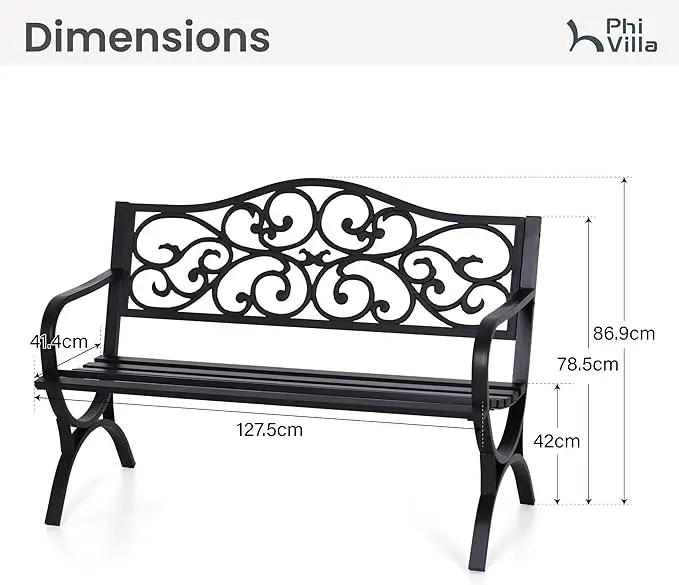 PHI VILLA 50-Inch Cast Iron Steel Frame Garden Bench Outdoor Patio Bench Chair w/Floral Design Backrest, Slatted Seat for Park, Yard & Porch, Black by GreenHaven Gardens