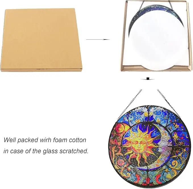 Stained Glass Suncatcher,Sun and Moon Artistic Window Hanging,7.8” Hand-Painted Glass Panel Wall Home Decor,Gift for Women Garden Decor Suncatcher (Sun and Moon), BL009 by GreenHaven Gardens
