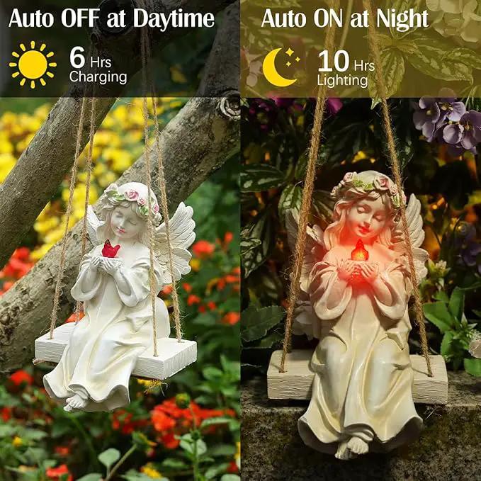 Angel Garden Statue,Fairy Solar Garden Decor with Warm Light,Waterproof Angel Statue with Swing & Holding Bird,Outdoor Garden Decor for Lawn Yard Patio Windowsill Garden Gifts, Apricot by GreenHaven Gardens