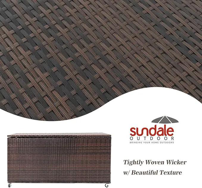 Outdoor 170 Gallon Water-Resistant Wicker Storage Box with Wheels, PE Rattan Deck Box with Waterproof Liner for Outside, Patio Storage Container with Hinged Lid, Horizontal Bin, Brown by GreenHaven Gardens