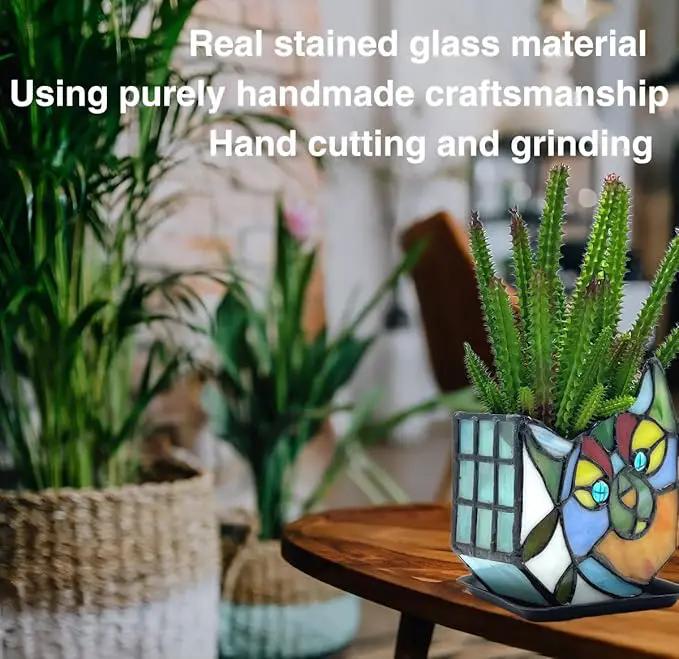 Tiffany Style Cute Cat Face Design Small Flower Pot, Unique Stained Glass Cat Planter, Tiltable Cat Decorative Flower Pot, Fun Peek-A-Boo Terrarium Decoration, Gift for Plant Women by GreenHaven Gardens