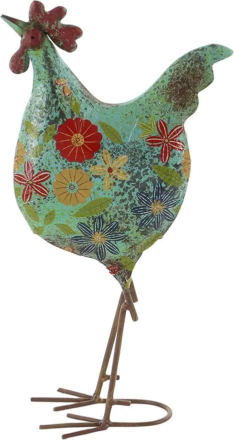 Deco 79 Metal Rooster Decorative Garden Sculpture Indoor Outdoor Distressed Standing Garden Statue with U Shaped Feet, Outdoor Sculpture 10" x 5" x 17", Green by GreenHaven Gardens