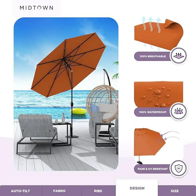 Midtown Umbrellas Sunbrella Umbrella 9 Feet Outdoor Umbrella With Terracotta Acrylic Fabric - Auto-Tilt Aluminum Frame Patio Umbrella For Backyard, Deck, Garden, Pool - Black Pole by GreenHaven Gardens