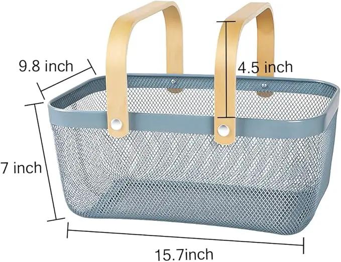 Portable Mesh Harvest Basket - Natural Bamboo Handle Foldable Organizer for Kitchen, Garden & Picnic | Ventilated Storage Bin with Rust-Proof Wire, Space-Saving Farmhouse Decor (Blue) by GreenHaven Gardens