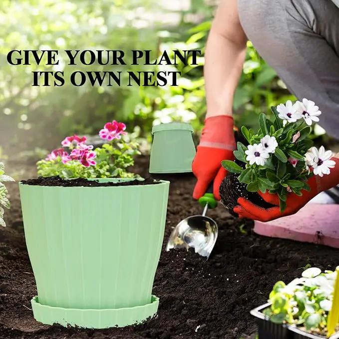 5 Pack Flower Pots for Indoor Plants, 6 inch Plant Pots Outdoor Planters for Porch Garden Office Home Decorative Holiday with Drainage Holes and Saucers, Plastic Planter Nursery Pots Green by GreenHaven Gardens