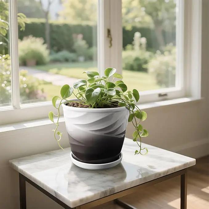 Ceramic Plant Pots,6.7 + 5.5 Inch,Set of 2,Planters with Drainage Hole and Saucer,Flower pots for Indoor Plants,Modern Design(Dark Gray+White) by GreenHaven Gardens