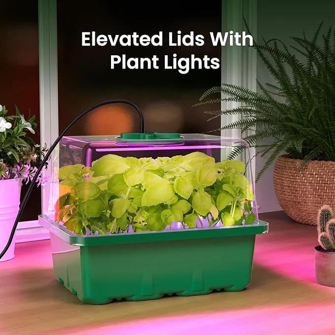 MIXC 6-Pack Seed Starter Tray Kit with Plant Light Seedling Trays with Adjustable Humidity Domes & Clear Cell Trays 12 Full Spectrum LED Beads for Indoor Plant Growth (Green) by GreenHaven Gardens