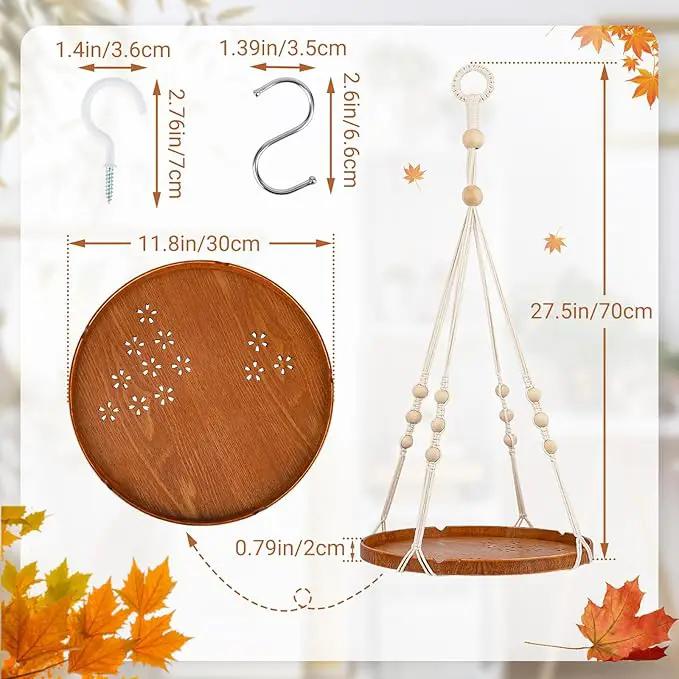 SUREAM Macrame Plant Shelf Hangers, Large Hanging Baskets for Plants with Flower CutOuts and Handmade Cotton, Indoor Outdoor Plant Hangers with Wood Tray for Garden Home Decor - No Plant/Pot Included by GreenHaven Gardens