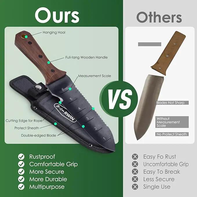Hori Hori Garden Knife, Garden Tools with Sheath for Weeding,Planting,Digging, 7" Stainless Steel Blade with Cutting Edge, Full-Tang Wood Handle with Hanging Hole by GreenHaven Gardens