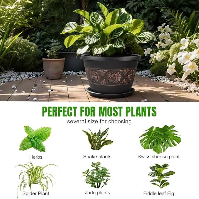 6 Pack 8 inch Plant Pots, Retro Pattern Planters with Drainage Holes and Saucer, Sturdy Plastic Garden Flower Pots for Indoor & Outdoor Plants by GreenHaven Gardens