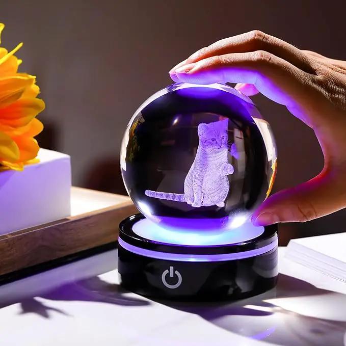 YWHL 3D Crystal Ball Cat Gifts for Women Cat Lover for Christmas Birthday, Laser Cat and Butterfly Figurine with LED Base, Cat Ornament Glass Decorative Ball Globe Night Light for Home Decor (80mm) by GreenHaven Gardens