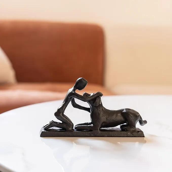 Boy and Dog Statue, Love of Dog Sculpture, Gifts for Dog Lovers, Dog Memorial Gifts for Man and Boy, Cast Iron, Black by GreenHaven Gardens