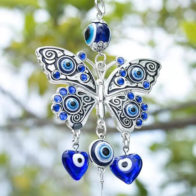 Turkish Blue Evil Eye Butterfly Wall Hanging with Crystal Suncatcher Ornament for Home Decor Protection Good Luck Blessing Housewarming Birthday Gift by GreenHaven Gardens