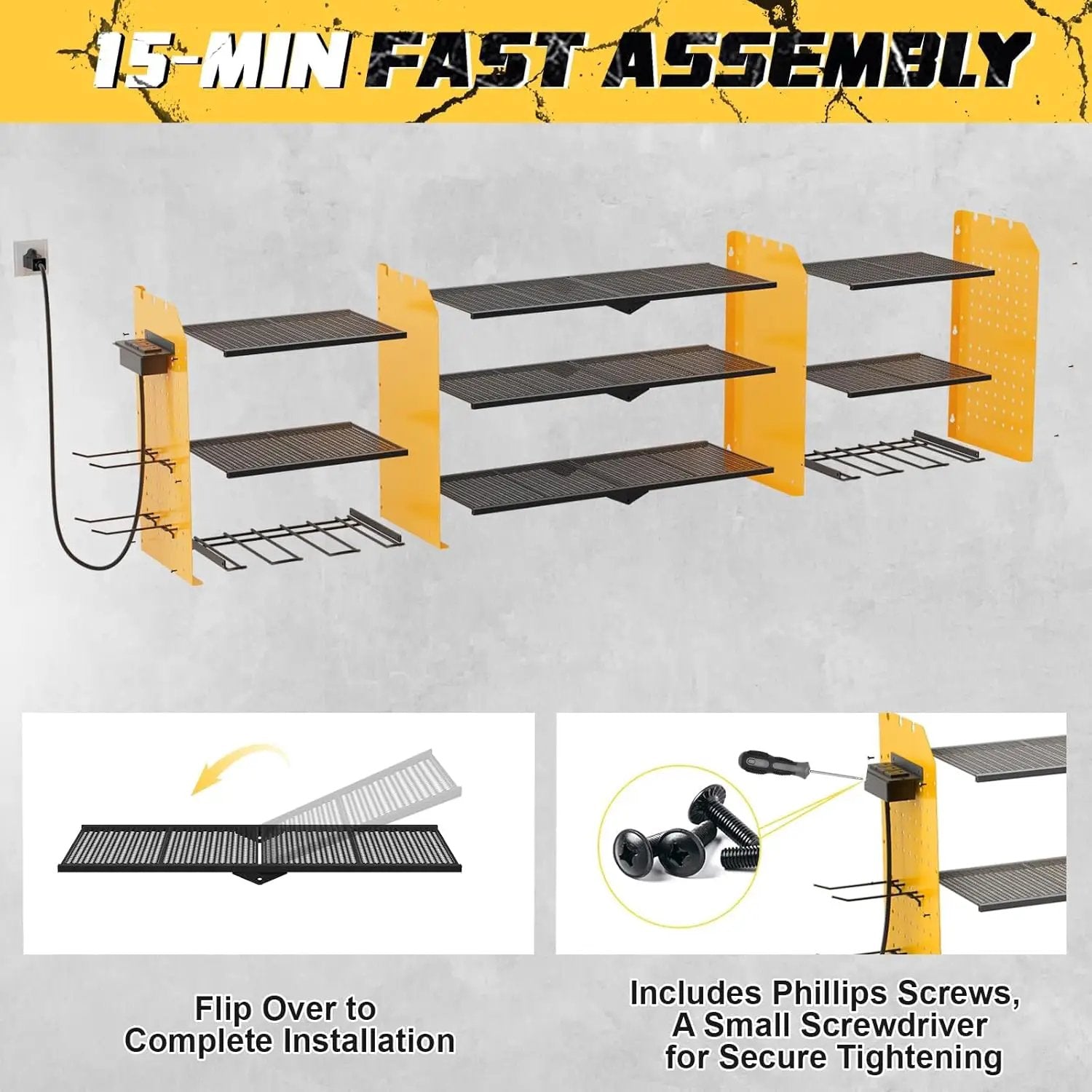 Power Tool Organizer Wall Mount with Charging Station, 45.5" Garage Organization Wall Mounted, 3 Layers Electric Cordless Drill Holder with Outlet Power Strips, Garage Tool Storage for Impact Wrenches by GreenHaven Gardens