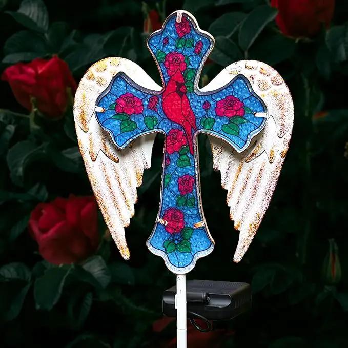 YJFWAL Cardinal Bird&Rose Cross Garden Stake Light, Solar Glass Cross for Cemetery Grave, Jesus Cross Angel Wings Sympathy Memorial Gifts, Halloween Christmas Garden Lawn Yard Patio Decor by GreenHaven Gardens