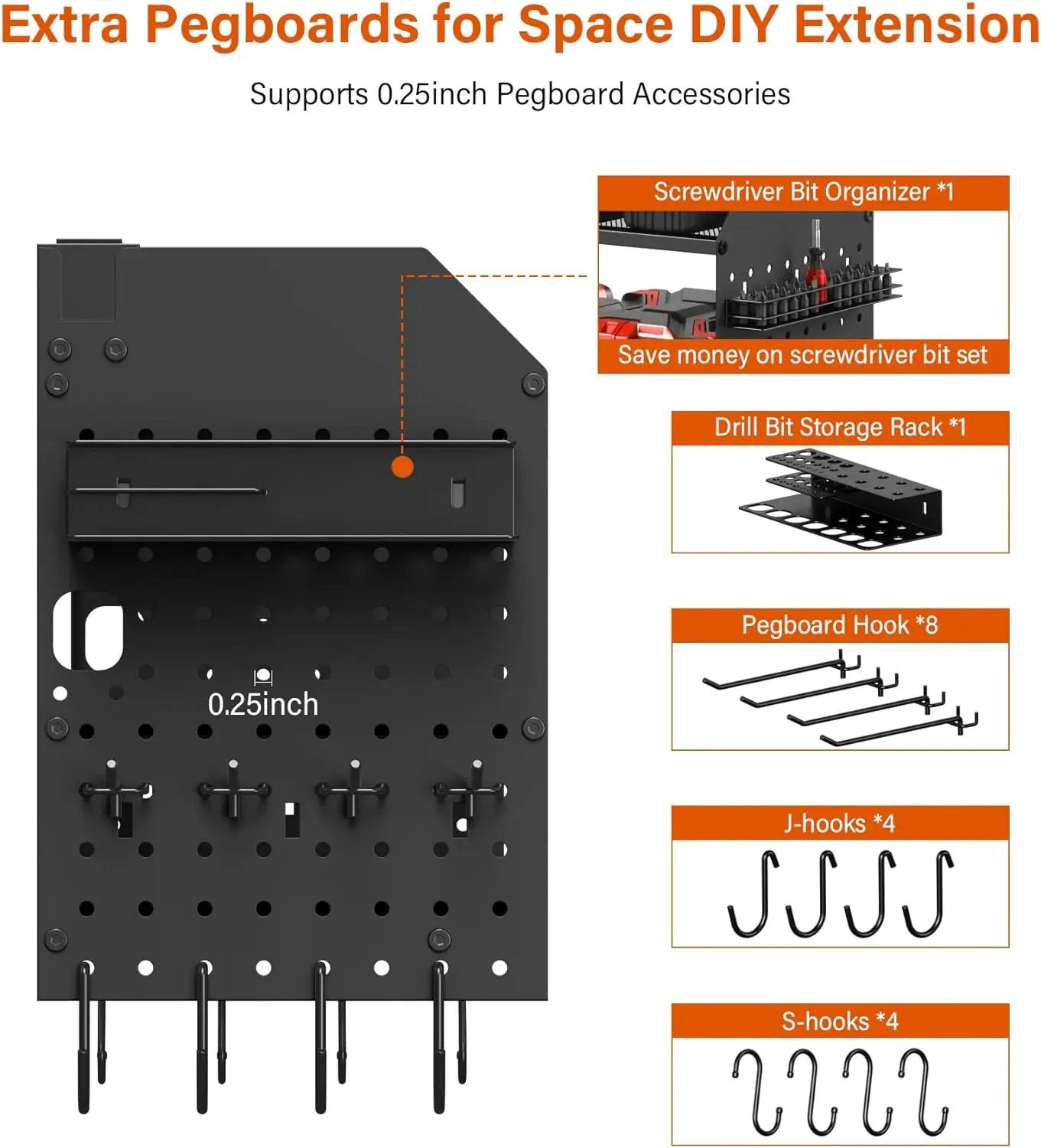 JUNNUJ Large Pegboard Power Tool Organizer with Charging Station, 8 Drills Driver and Tools Battery Holder Wall Mount with 8 Outlet Power Strip, Black 3-Layer Shop Garage Storage Utility Rack by GreenHaven Gardens
